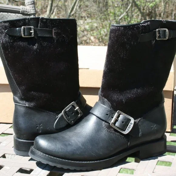 Frye Black Leather Moto Boots with Buckles - Picture 5 of 7